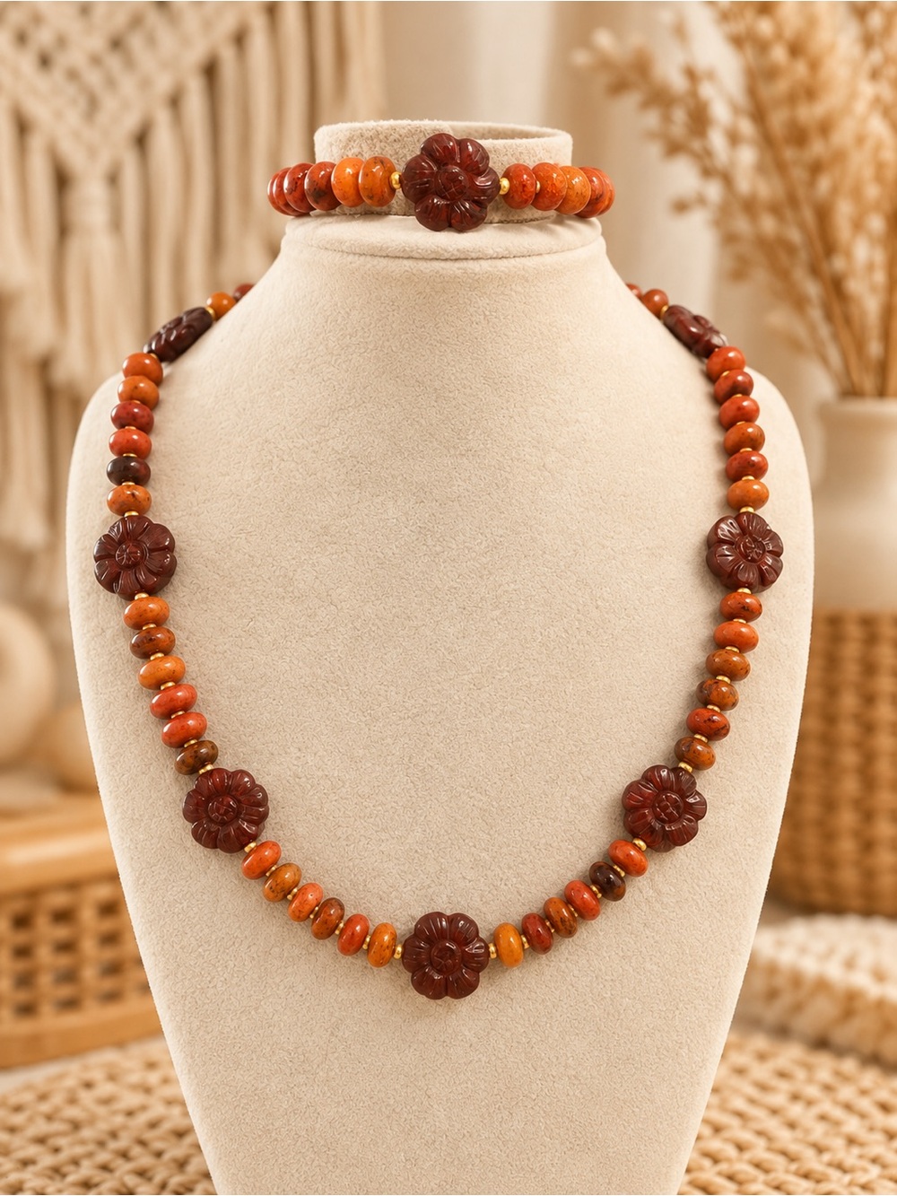 Artisan Necklace & Bracelet Set-~Orange Crackle Agate with Carved Red Jasper